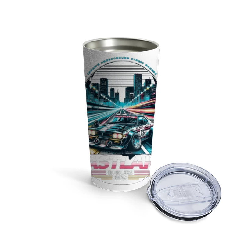 Retro Sports Car Racing Through Neon Cityscape - Synthwave Style Travel Mug