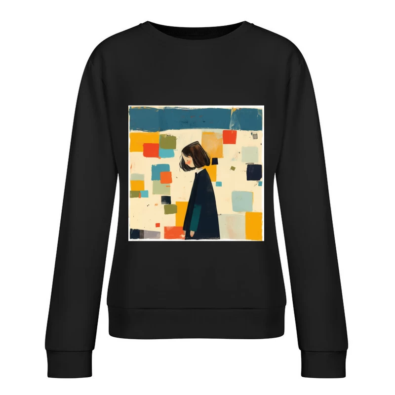 Minimalist Illustration of Figure in Black Coat Against Colorful Abstract Squares Female Pullover Sweatshirt