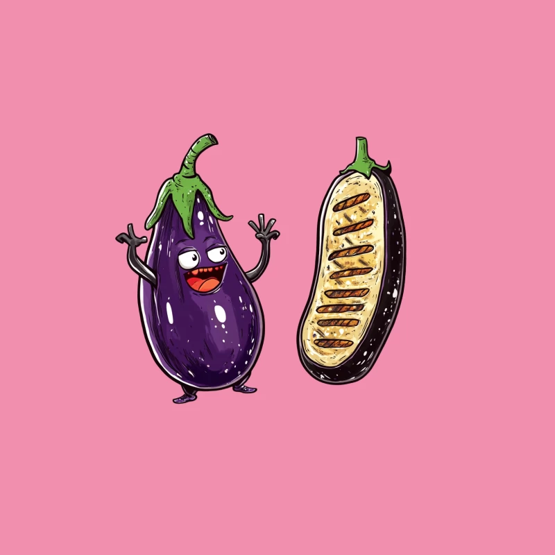 Cute Cartoon Eggplant Character with Grilled Slice Illustration Female T-Shirt