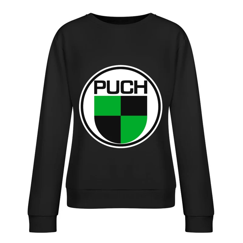 Vintage Puch Motorcycle Company Logo with Green and Black Shield Design Female Pullover Sweatshirt