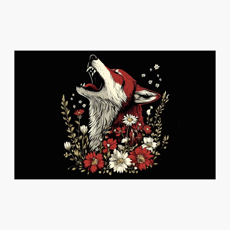 Howling Wolf Amidst Blooming Flowers: A Striking Illustration Travel Mug