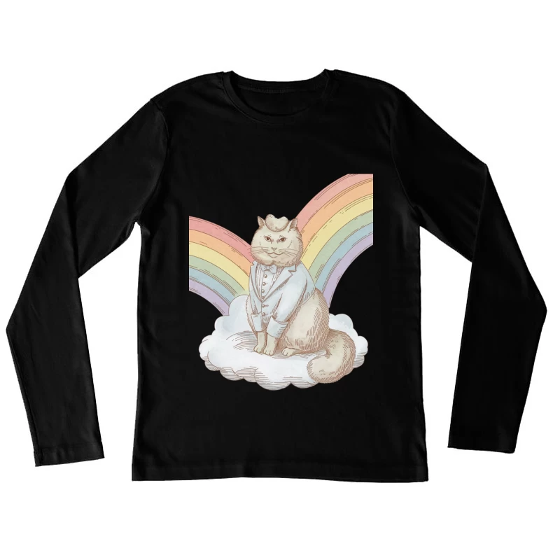 Whimsical Illustration of Anthropomorphic Cat on Cloud with Rainbow Female Long Sleeve T-Shirt