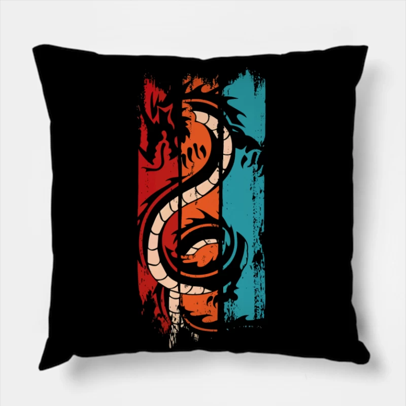 Tri-Color Dragon: Retro Tribal Vibes Throw Pillow