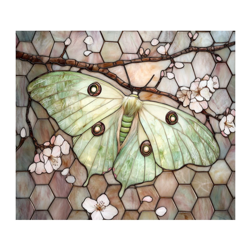Luna Moth with Cherry Blossoms in Stained Glass Mosaic Tapestry