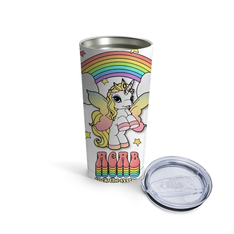 Cute Cartoon Unicorn with Rainbow and Anti-Establishment Message Travel Mug