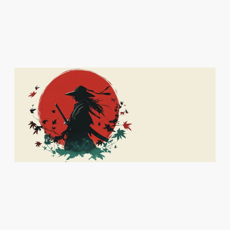 Silhouetted Samurai Warrior Against Red Sun with Falling Maple Leaves Coffee Mug