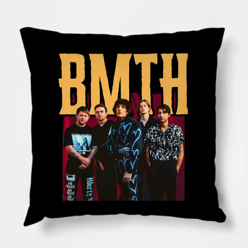 Bring Me The Horizon Band Promotional Photo With Yellow Text Throw Pillow