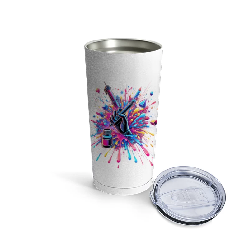 Artistic Medical Syringe with Vibrant Color Explosion Travel Mug