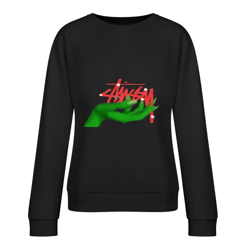 Grünes Handdesign mit rotem Schriftzug Damen Pullover Sweatshirt