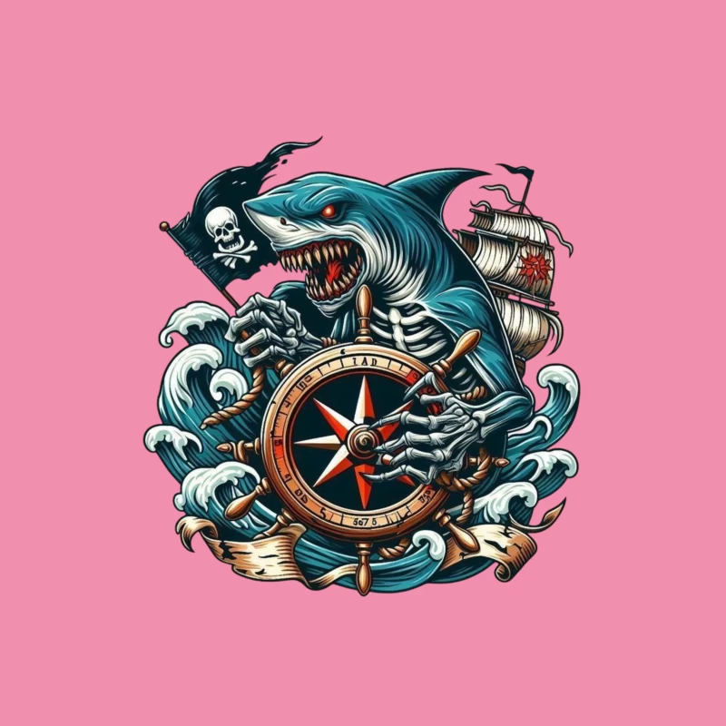 Pirate Shark with Compass and Ship Male T-Shirt