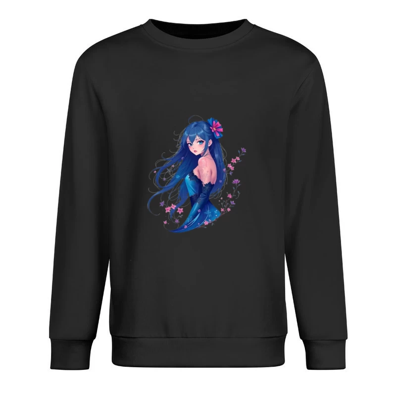 Elegant Anime Girl with Blue Hair and Floral Accents in Evening Dress Male Pullover Sweatshirt