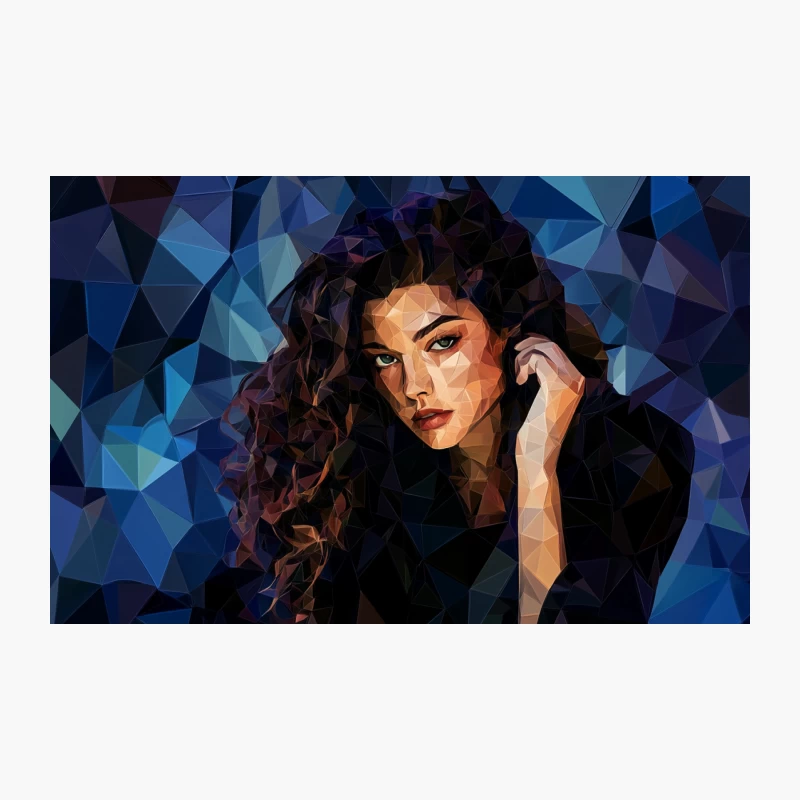 Mysterious Low Poly Portrait with Curls on Blue Geometric Background Travel Mug