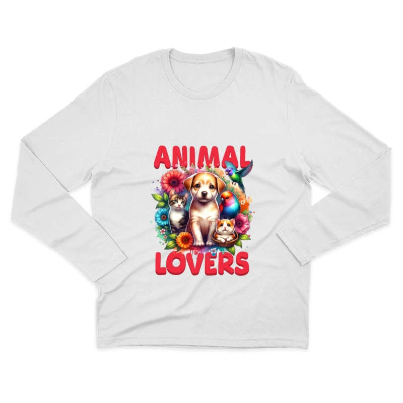 Amoureux des animaux avec chien, chat et fleurs Homme Manches Longues T-Shirt
