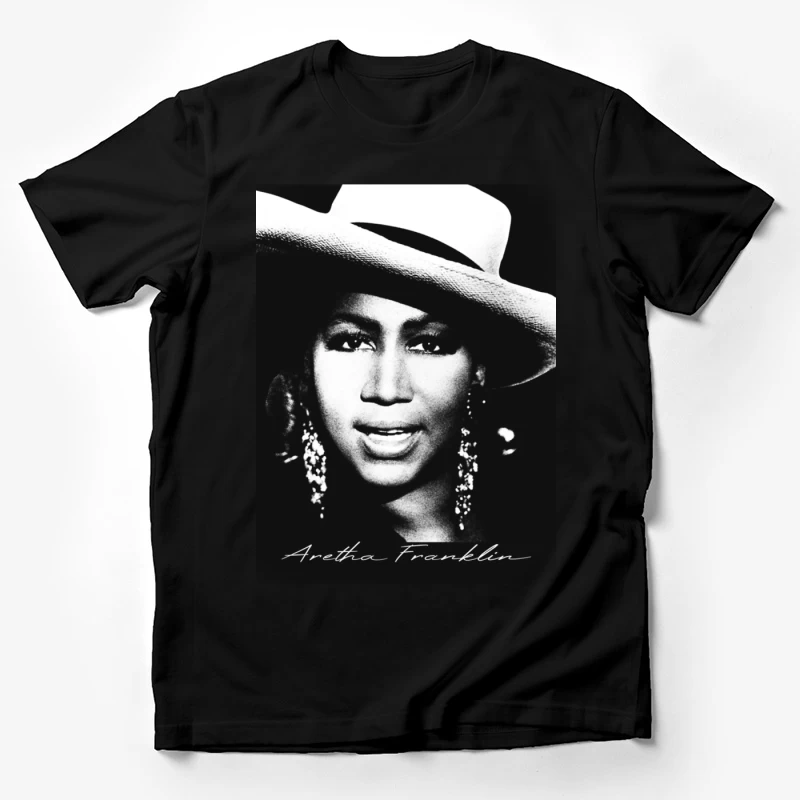 Classic Black and White Portrait with White Hat and Statement Jewelry Male T-Shirt