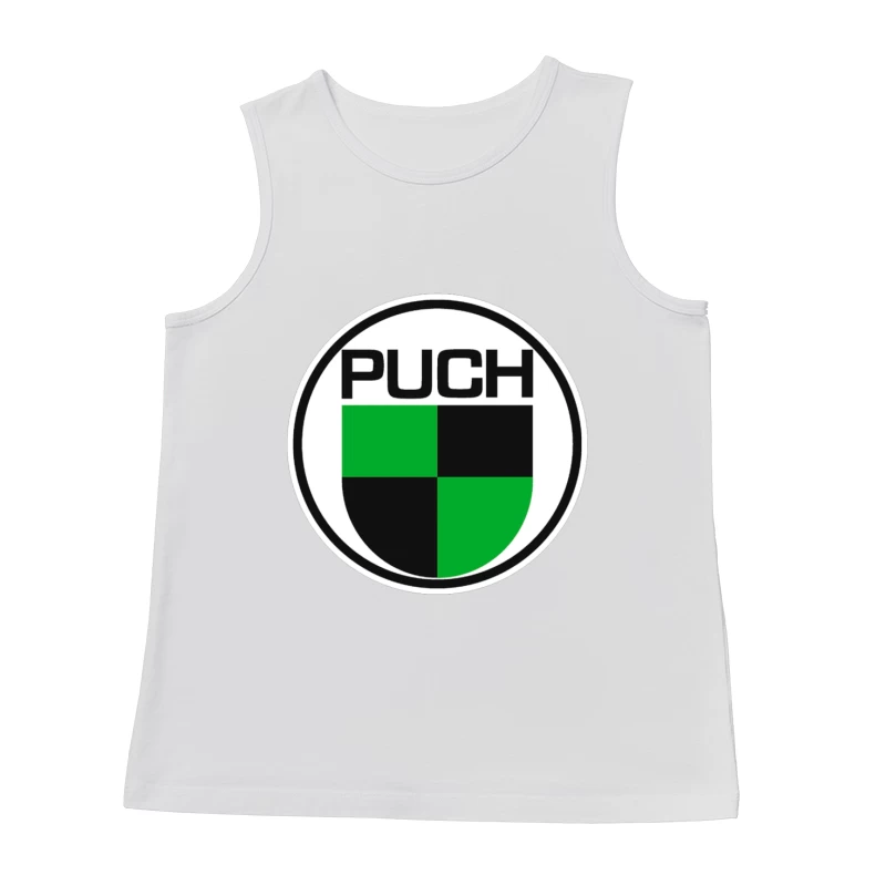 Vintage Puch Motorcycle Company Logo with Green and Black Shield Design Male Tank Top