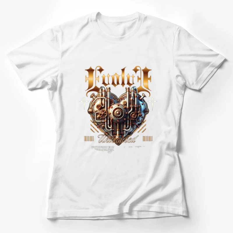 Steampunk Mechanical Heart with Gold Typography Design Female T-Shirt