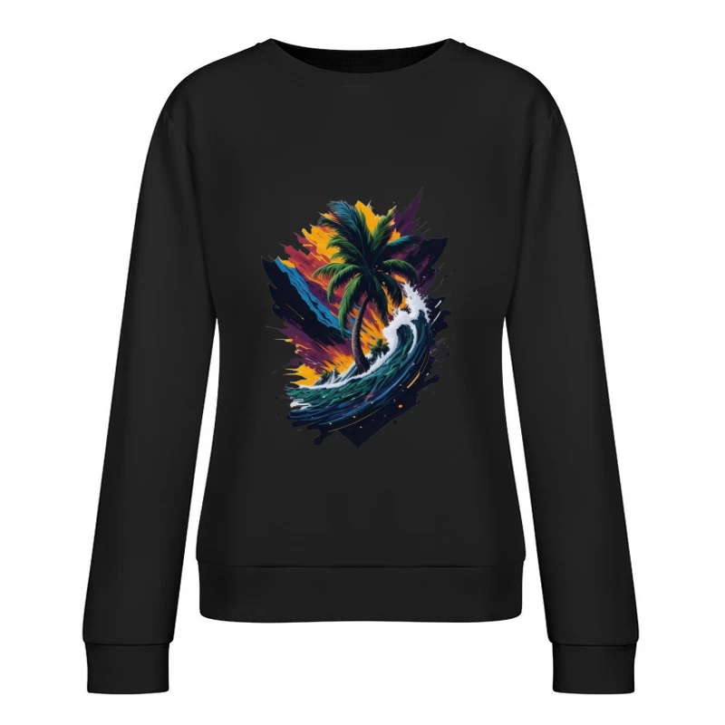 Tropical Sunset with Palm Tree and Ocean Waves Female Pullover Sweatshirt