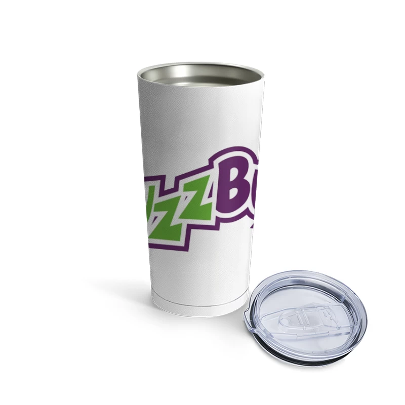 Muzz Buzz Beverage Brand Logo in Green and Purple Travel Mug