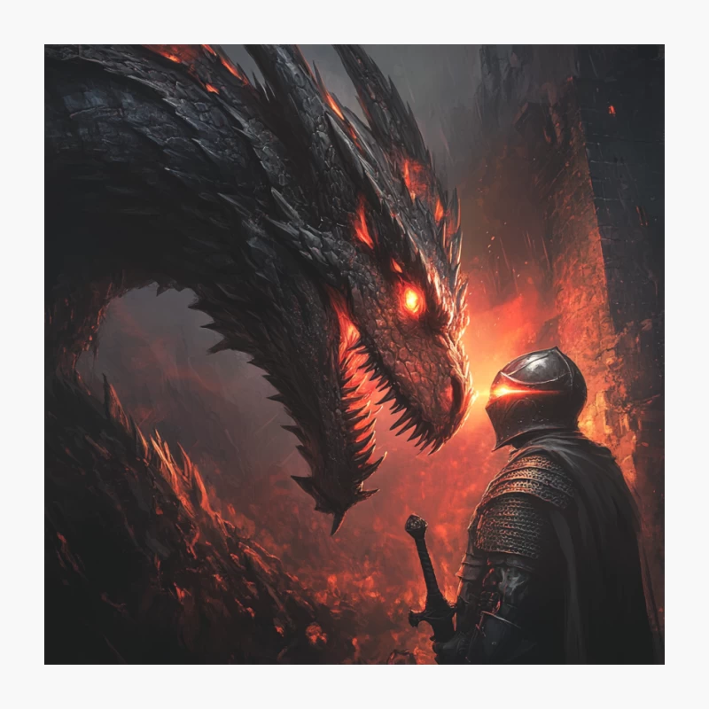 Epic Confrontation: Knight Faces Fiery Dragon in Dark Fantasy Battle Pin