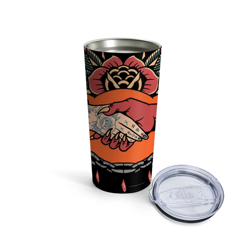 Symbolic Handshake Artwork with Floral and Chain Elements Travel Mug