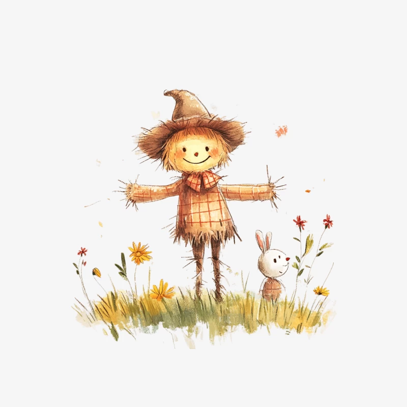 Whimsical Watercolor: Scarecrow and Rabbit in Flower Field Female Pullover Sweatshirt