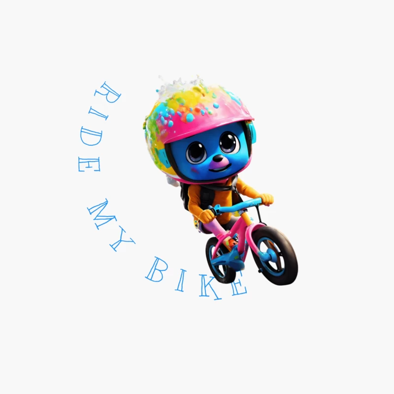 Cute Blue Animated Character Riding Colorful Bike with Safety Helmet Cotton Tote Bag