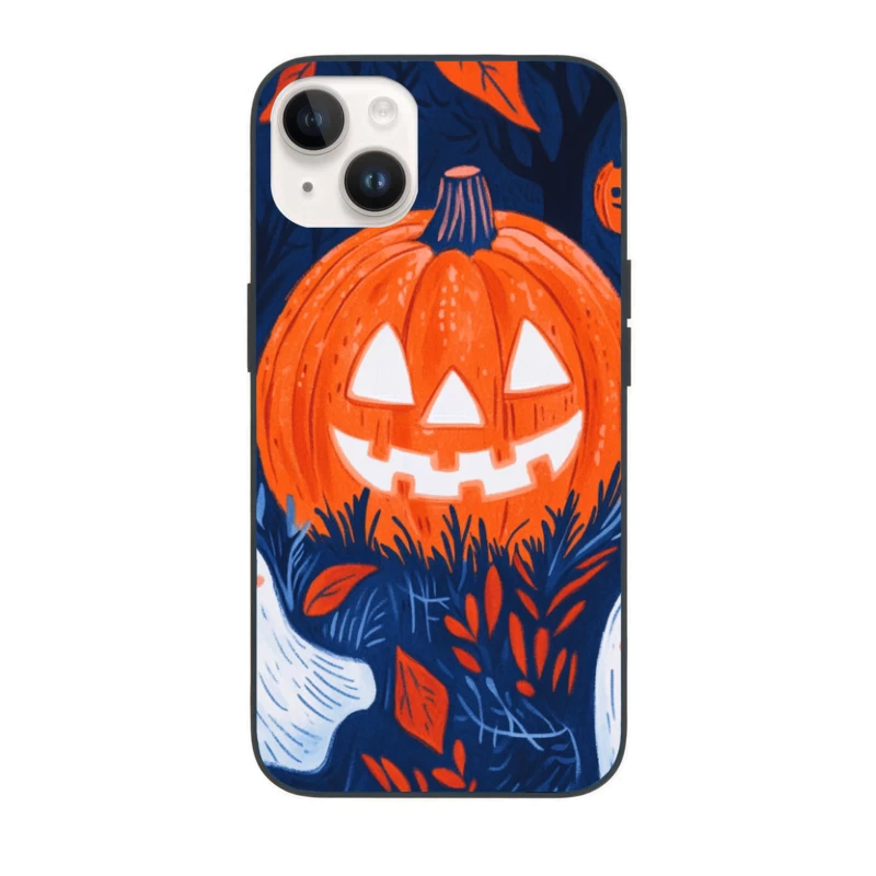Spooky Halloween Illustration with Pumpkin and Ghosts iPhone Case