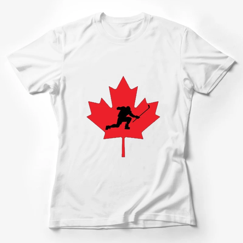 Canadian Hockey Player Silhouette on Red Maple Leaf Female T-Shirt