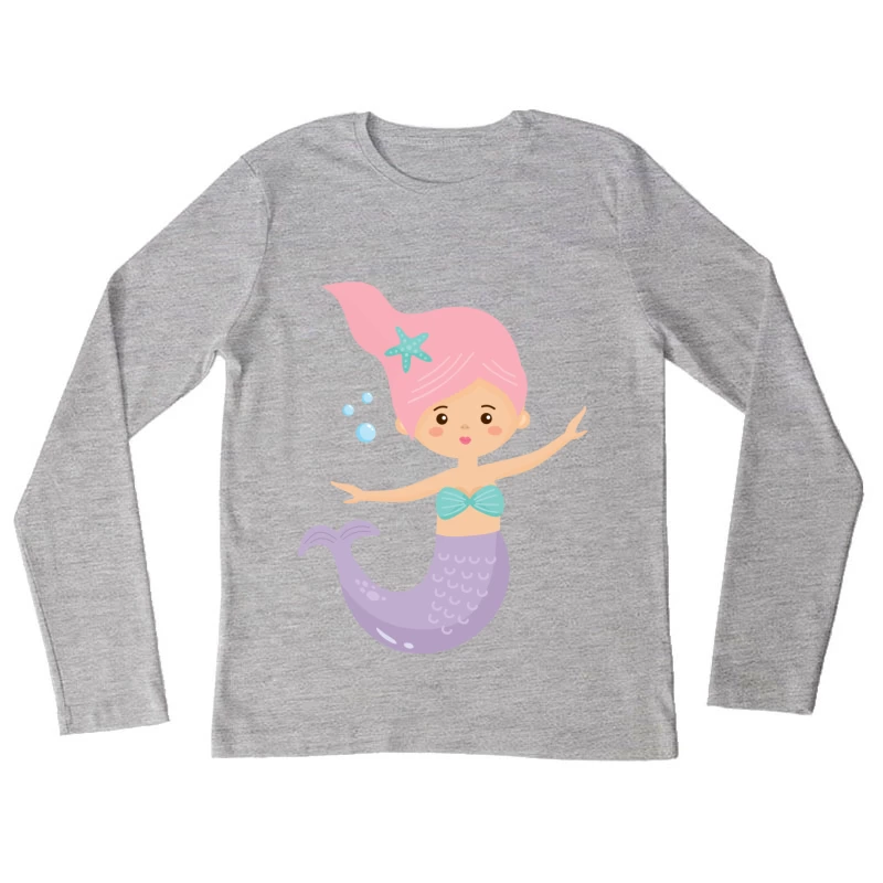 Jolie sirène dessinée avec des cheveux roses Femme Manches Longues T-Shirt