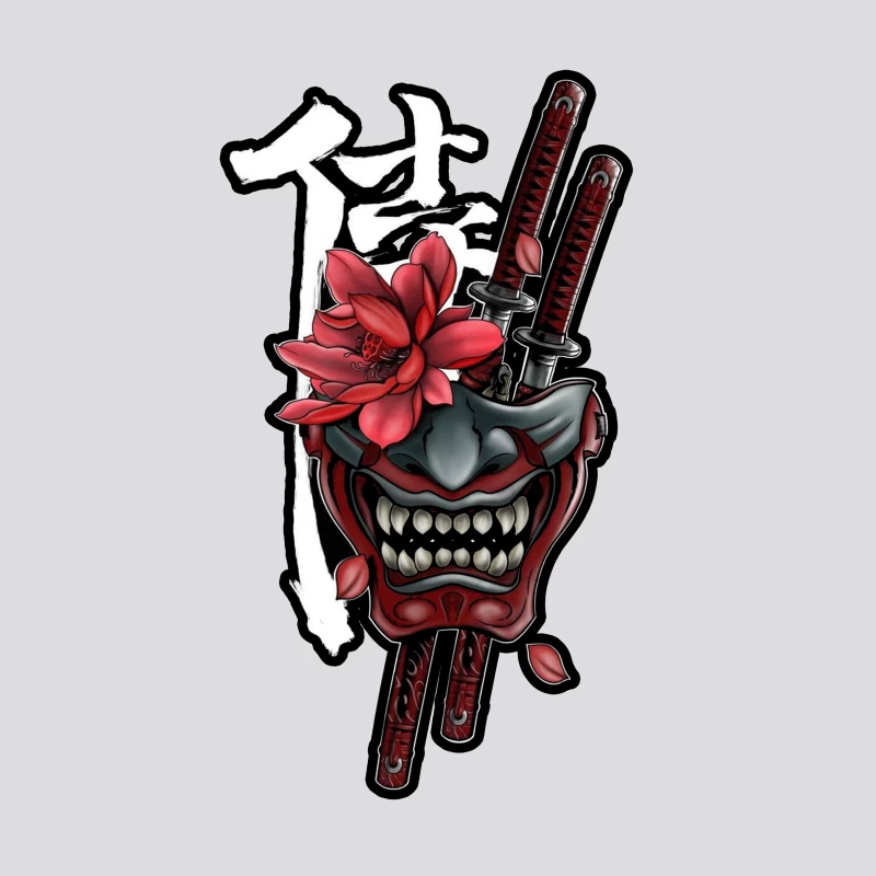 Samurai Mask Art with Katana and Flower Throw Pillow