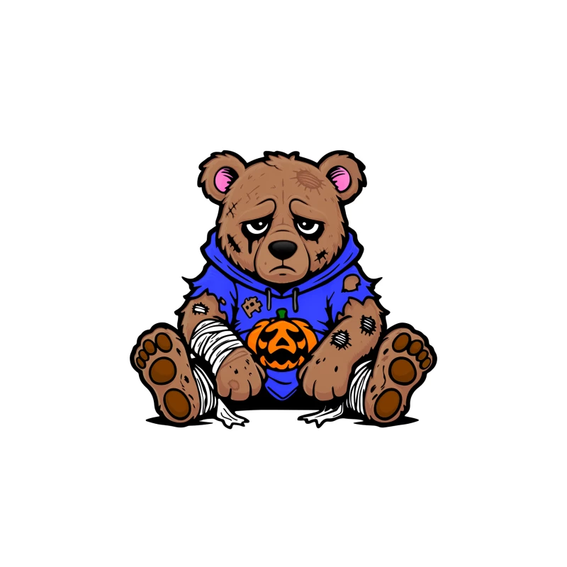 Sad Injured Teddy Bear in Blue Hoodie with Halloween Pumpkin Travel Mug