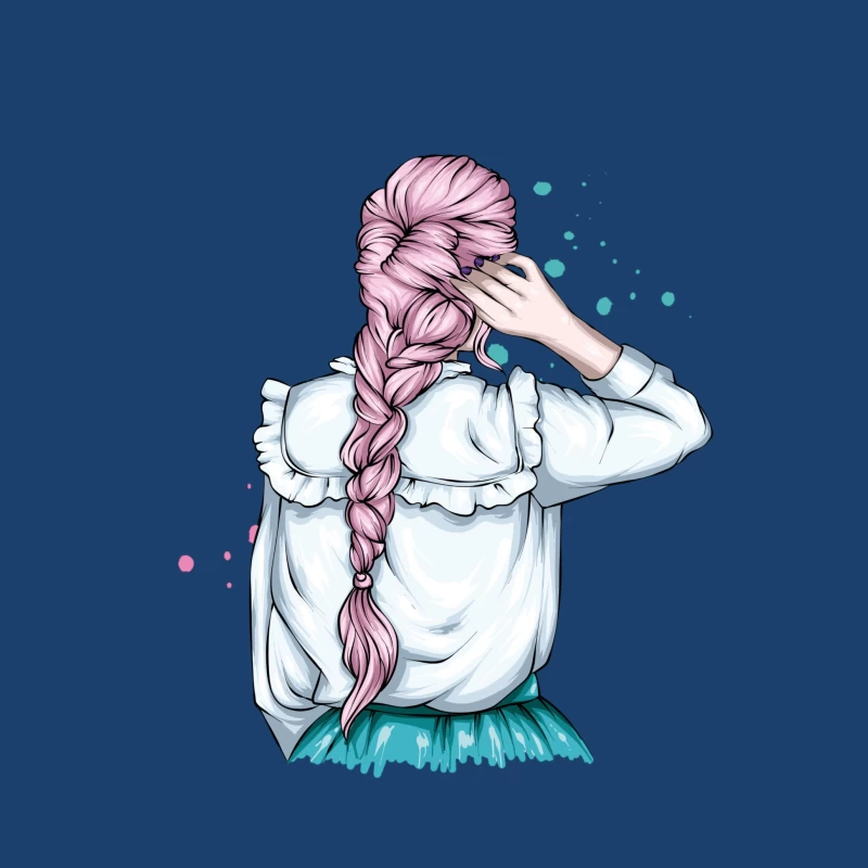 Whimsical Illustration of a Girl with Pink Hair in a Braid Male Pullover Hoodie