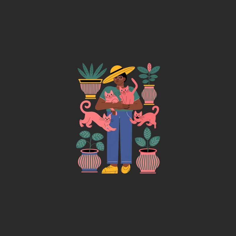Stylized Illustration of Plant and Cat Enthusiast Baseball Cap