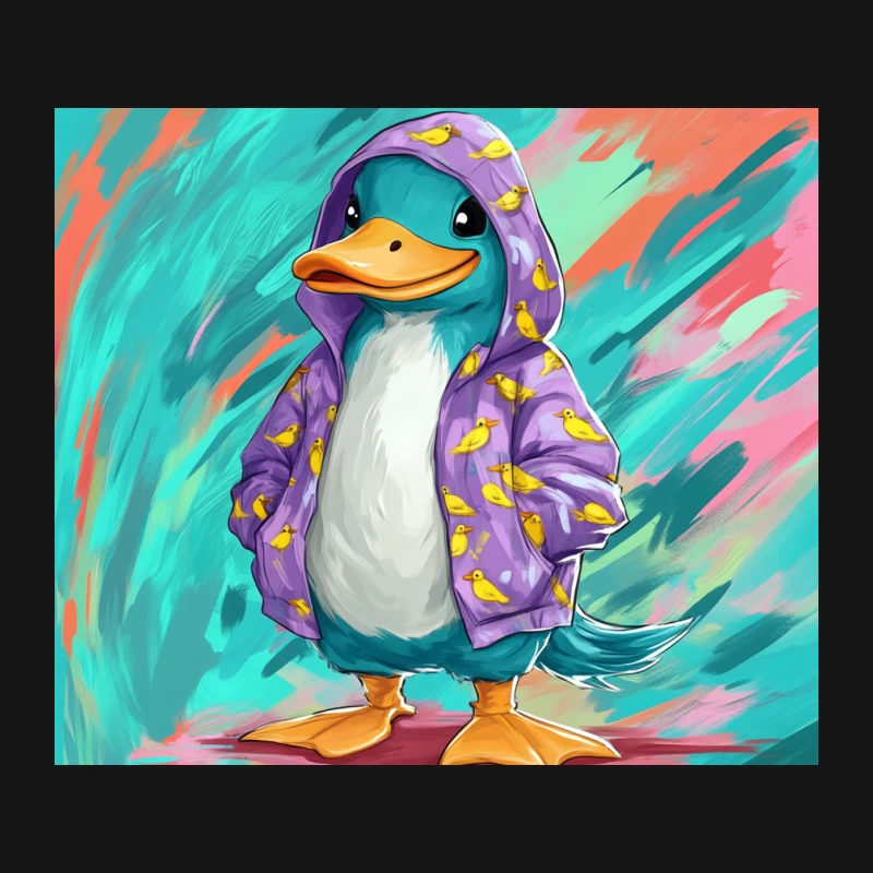 Cute Cartoon Duck in Purple Duck-Pattern Hoodie with Artistic Background Mouse Pad