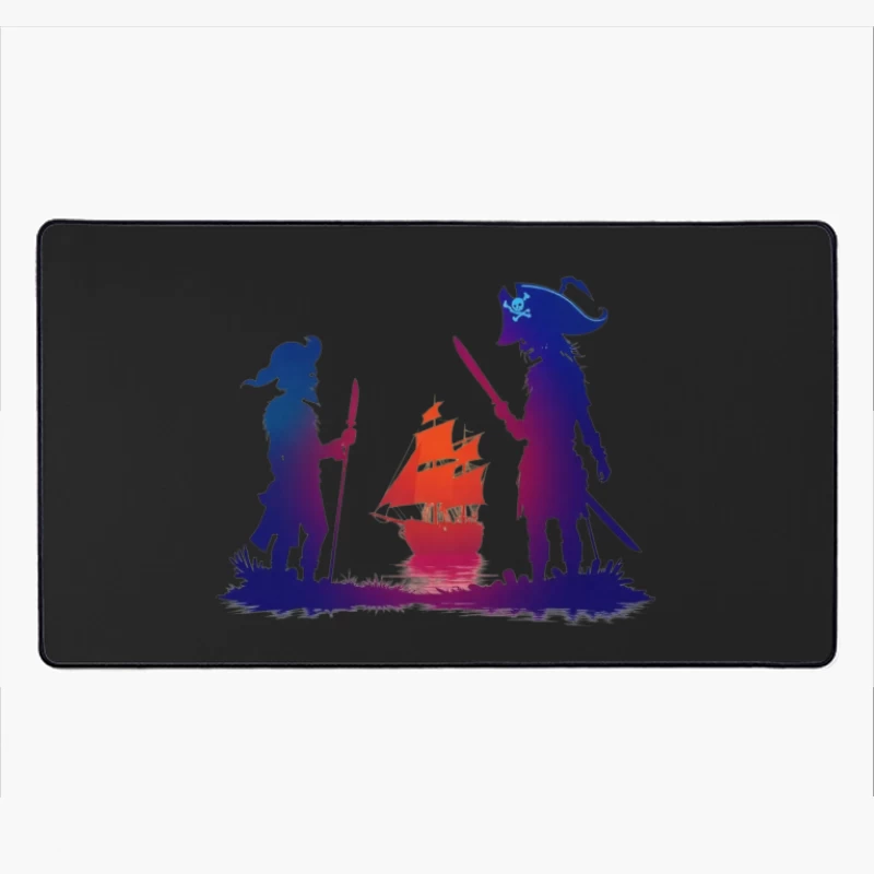 Pirates and Ship Silhouettes at Sunset Desk Mat