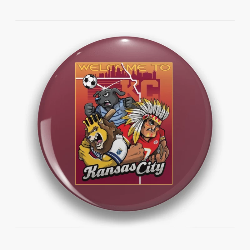 Kansas City Sports Mascots with City Skyline Illustration Pin