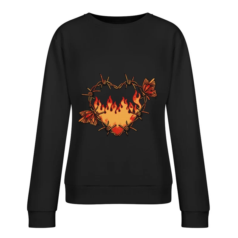 Herz aus Stacheldraht mit Flammen und Schmetterlingen Damen Pullover Sweatshirt