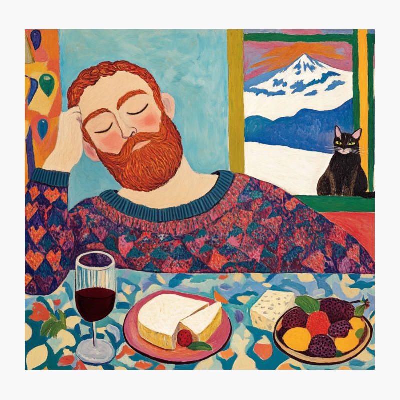 Colorful Painting of Bearded Man Enjoying Food and Wine with Cat and Mountain View Throw Pillow