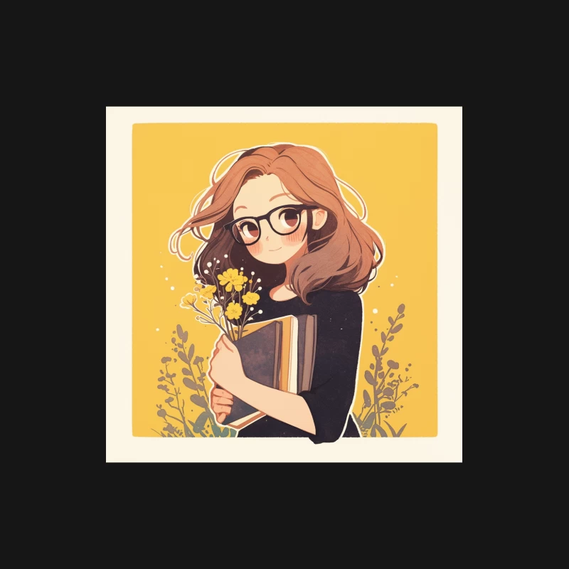 Bookish Girl with Yellow Flowers - Anime Style Illustration Female Long Sleeve T-Shirt