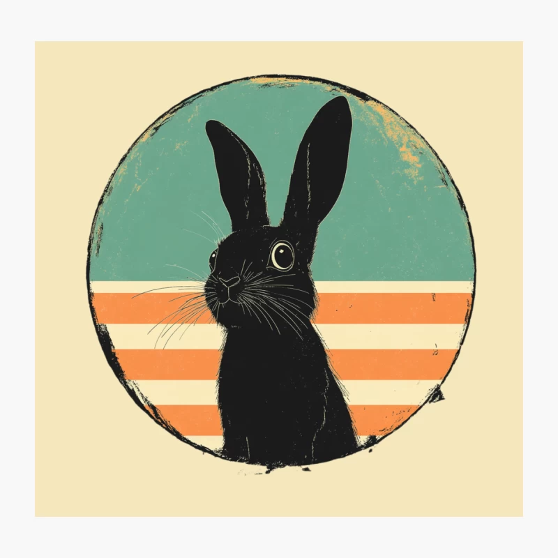 Vintage Illustration of Black Rabbit Silhouette on Retro Striped Background Throw Pillow