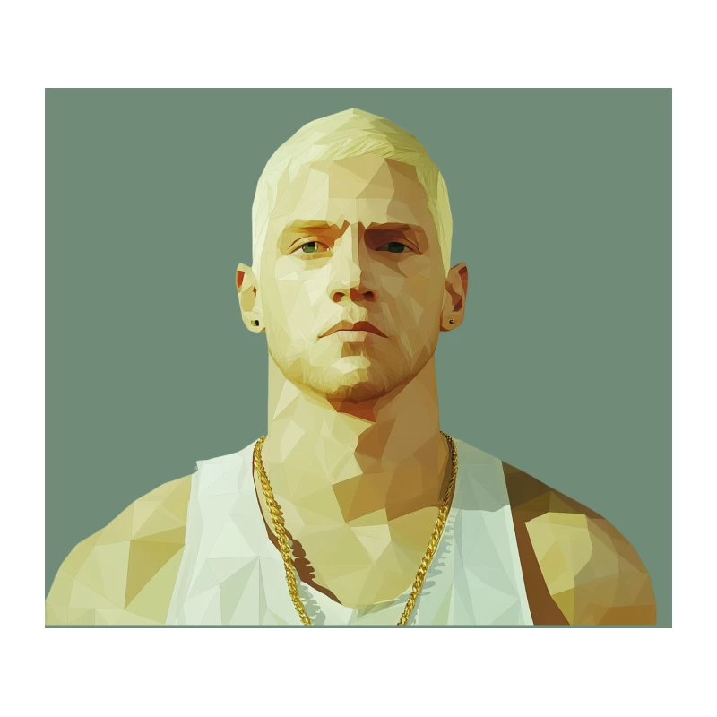 Stylized Low Poly Portrait of Serious Bald Man in White Tank Top Tapestry