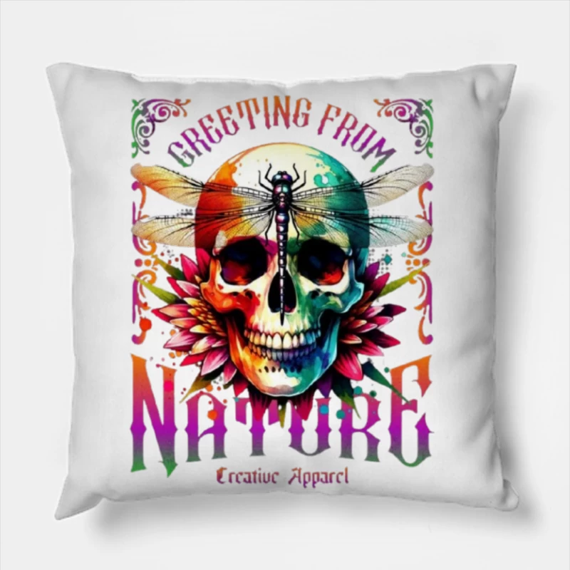 Rainbow Gothic Skull with Dragonfly and Floral Design - Nature Creative Apparel Throw Pillow