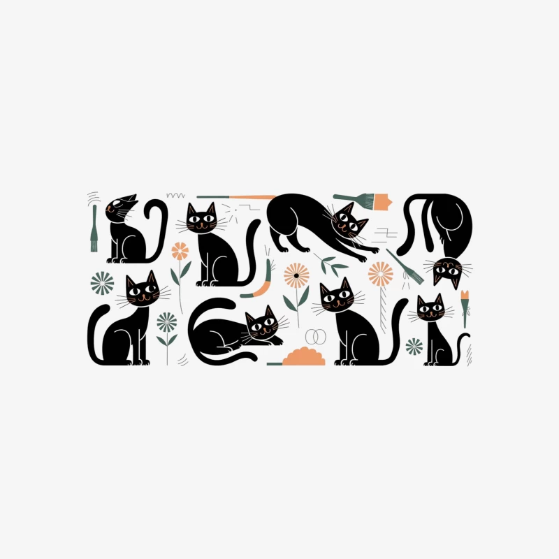 Playful Black Cats Geometric Illustration with Floral Elements Female Pullover Sweatshirt
