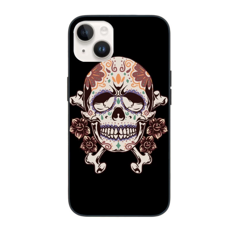 Decorative Skull with Crossbones and Floral Elements iPhone Case