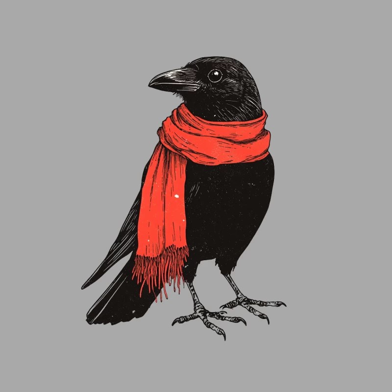 Stylish Crow in Red Scarf: Artistic Winter Illustration Male Pullover Hoodie