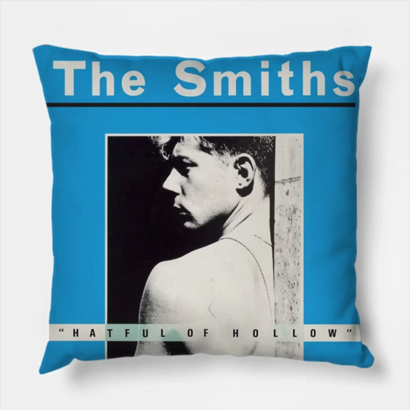 The Smiths "Hatful of Hollow" Album Cover with Black and White Portrait on Blue Background Throw Pillow