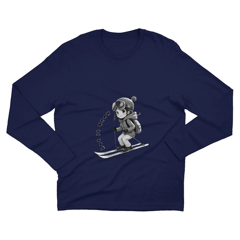 Cute Anime Chibi Character Skiing in Winter Male Long Sleeve T-Shirt