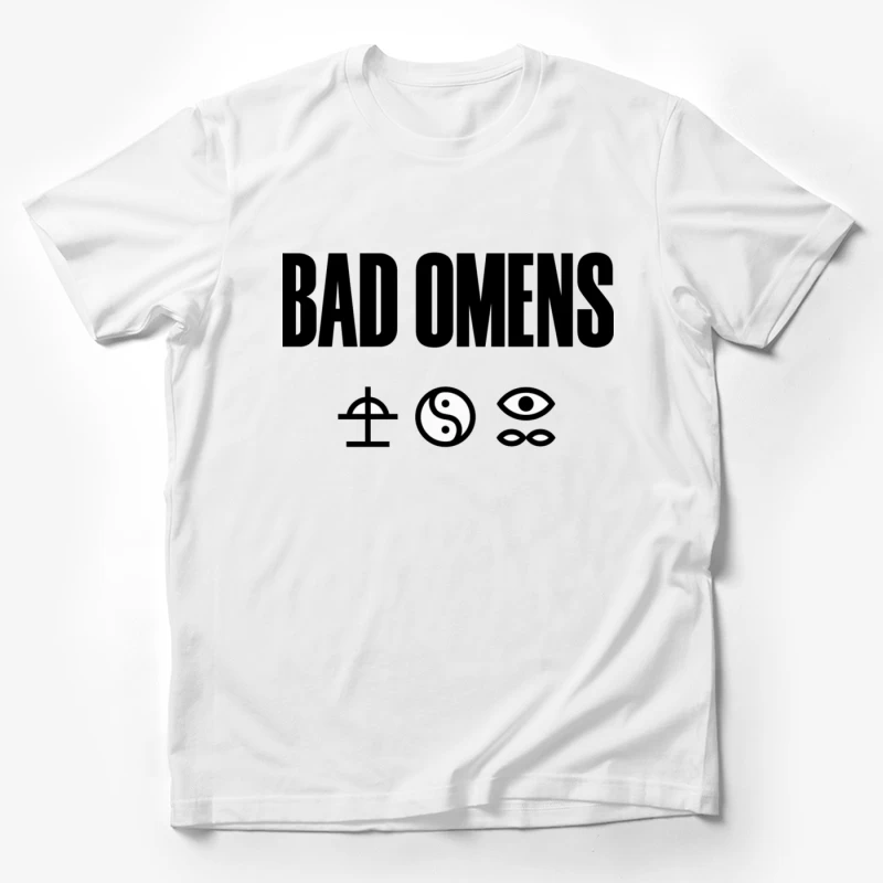 Bad Omens Band Logo with Mystical Symbols in Black and White Male T-Shirt