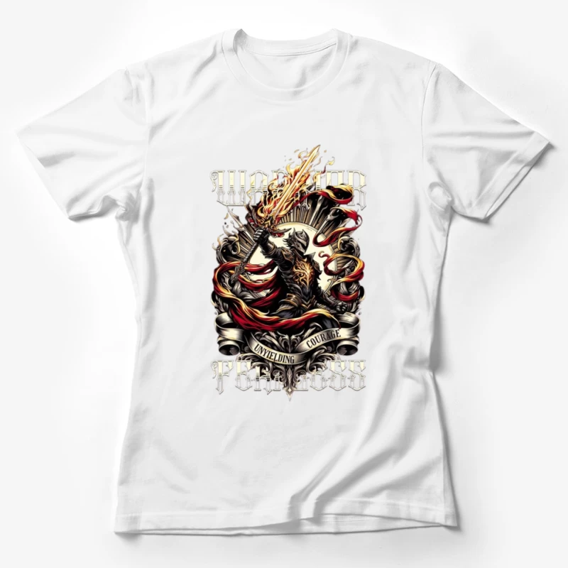 Unyielding Courage: Dark Fantasy Warrior with Flaming Sword Female T-Shirt