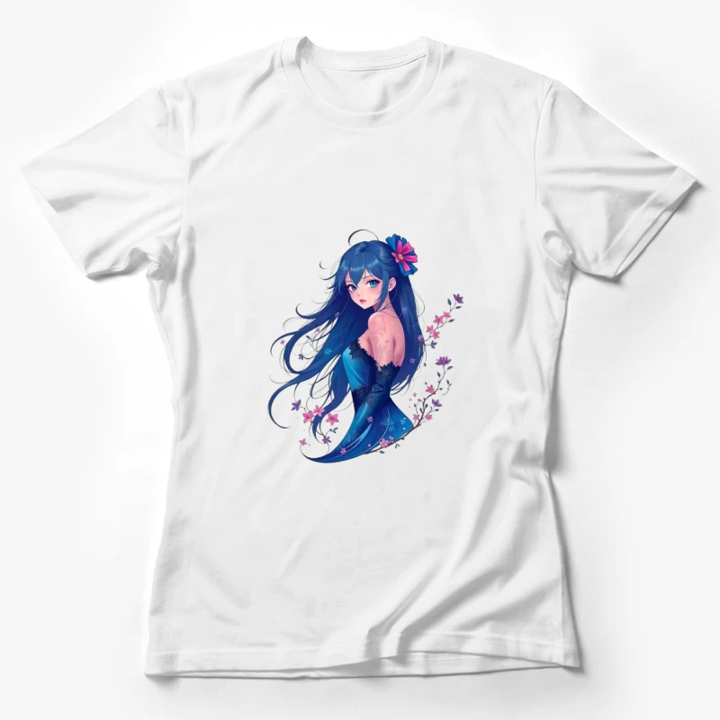 Elegant Anime Girl with Blue Hair and Floral Accents in Evening Dress Female T-Shirt